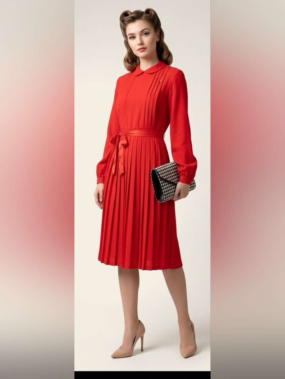 Vintage Women's Red Pleated Midi Dress with Satin Tie
